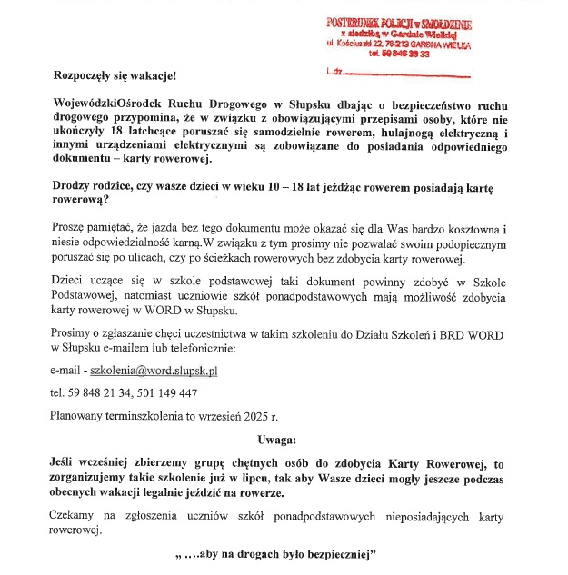 Zdjęcie: Informacja dotycząca Kart rowerowych